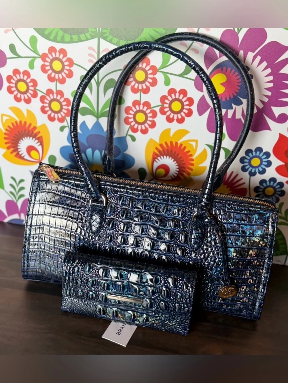 NWT BRAHMIN Sophia Royal Blue Melbourne Holographic Navy and Cordelia Wallet